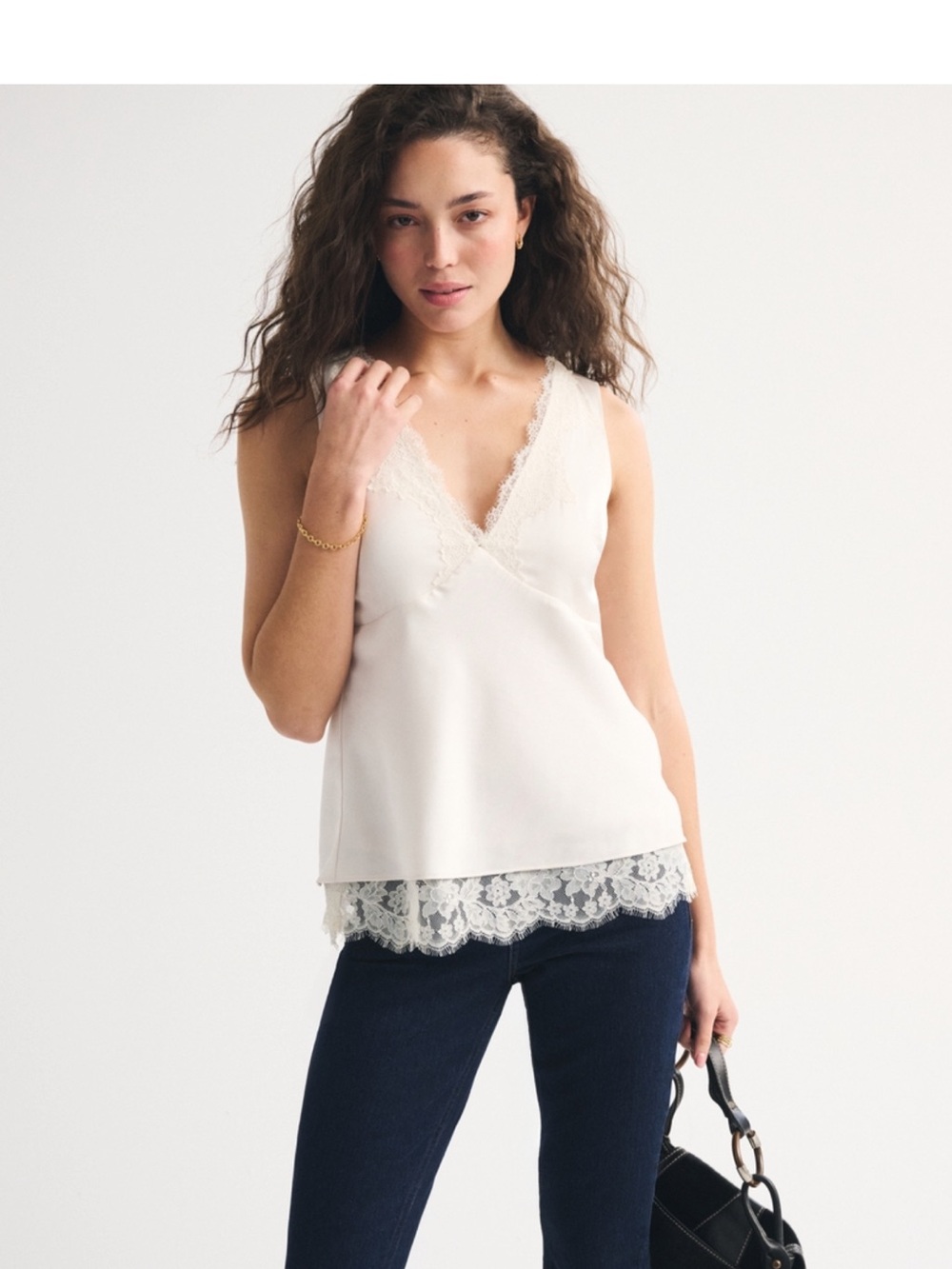 Abercrombie and Fitch Ivory Lace Trim V-Neck Tank Top - Women's